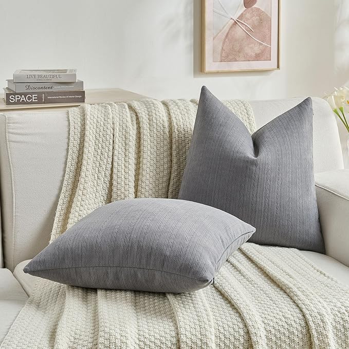 FUTEI Dark Grey Decorative Throw Pillow Covers 18x18 Inch Set of 2,Soft Cozy Wheat Ear Striped Patterns Cushion Cases,Modern Home Decor for Couch Bed Living Room