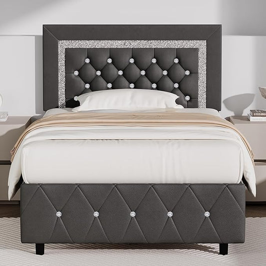 BarnFurin Twin Bed Frame with Diamond Tufted Headboard, Faux Leather Upholstered Bed with Wooden Slats Support, No Box Spring Needed, Mattress Foundation, Easy Assembly, Grey