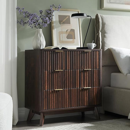 T4TREAM Fluted 3 Drawer Dresser, 32" Tall Modern Chest of Drawers, Curved Profile Design, Wood Drawer Organizer for Bedroom, Living Room, Hallway, Entryway, Dark Walnut