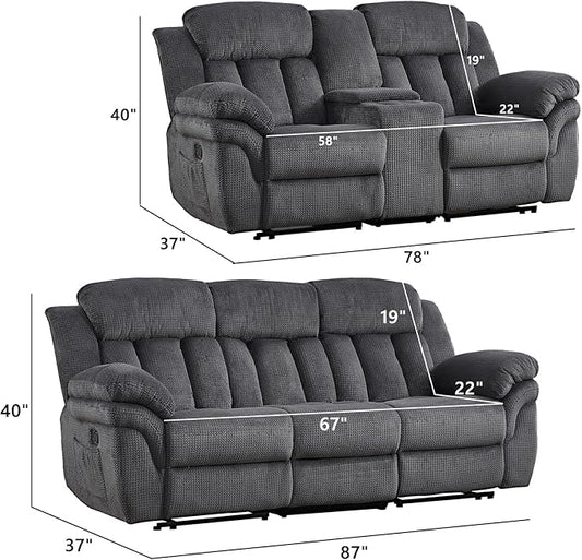CANMOV Recliner Sofa Set, Manual Recliner Loveseat and 3-Seat Sofa with Overstuffed Armrest for Living Room,Bedroom Furniture,Office,2+3 Seat Grey