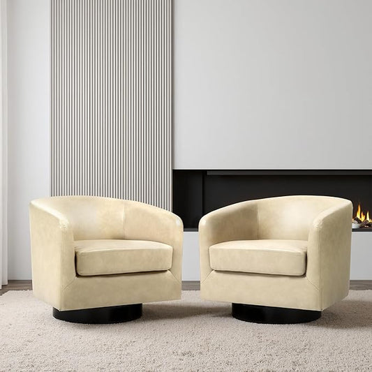 Lumibee Swivel Accent Chairs Set of 2, Faux Leather Swivel Barrel Chairs for Living Room, Modern Comfy Upholstered Round Armchairs Single Sofa Chairs for Bedroom, Club-Cream