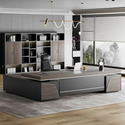 Modern Large Desk, Modern L-shaped Desk With Side Cabinets, Executive Desk With Combination Lock Drawer, Business Furniture Desk With Simple Cable Management (chair Not Included)(63x29.5x86.6inch)