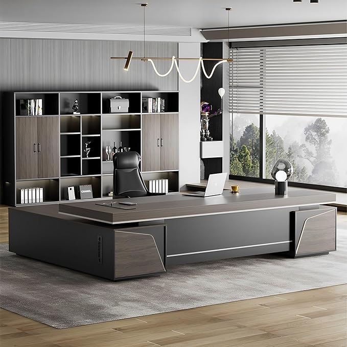 Modern Large Desk, Modern L-shaped Desk With Side Cabinets, Executive Desk With Combination Lock Drawer, Business Furniture Desk With Simple Cable Management (chair Not Included)(63x29.5x110inch)