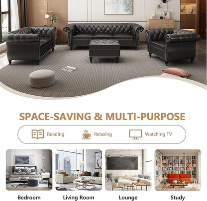 Faux Leather Sofa Couches Set, Modern Comfy Upholstered Couch with Cushions, Home Sofa Sectional Furniture Sets, 3-Piece Mid Century Tufted Chesterfield Couches for Living Room, Bedroom, Office