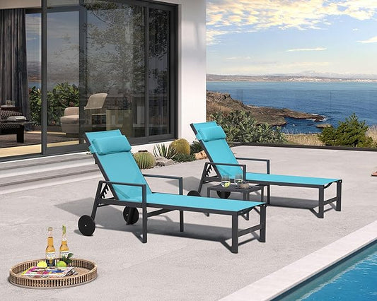 PURPLE LEAF Patio Lounge Chair Set of 3 Outdoor Chaise Lounger Aluminum Frame with Armrest Side Table and Wheels for Pool Outside Sunbathing Tanning Recliner Including Pillows Turquoise Blue