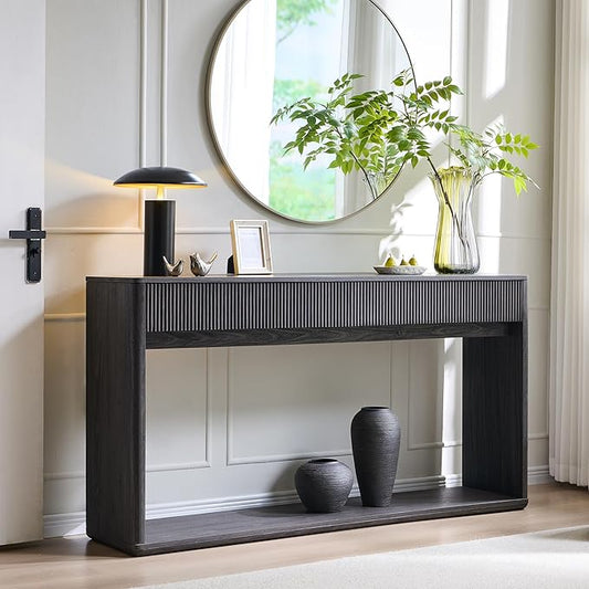 OKD 63" Fluted Console Table for Entryway, Modern Entryway Table with 2 Large Drawers, Long Sofa Table Behind Couch for Living Room, Hallway, Couch, Foyer，Dark Alder