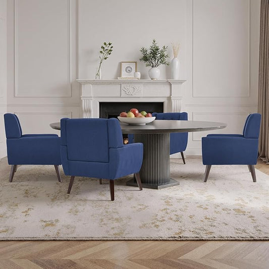 Accent Chairs Set of 4, Mid-Century Modern Upholstered Armchair, Comfy Fabric Living Room Chairs Reading Chairs with Button Tufted Back & Solid Wood Legs for Bedroom, Office, Blue
