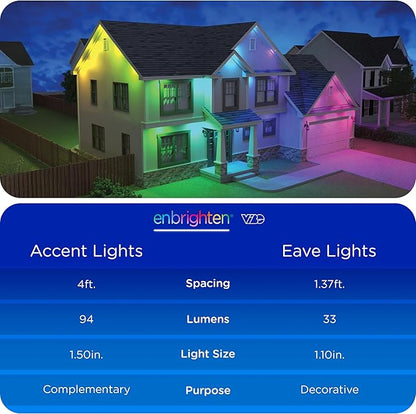 Enbrighten Vibe Eternity Accent Permanent Outdoor Lights for House, 50ft, 12 RGBWIC LEDs, Wide Spacing, 94lm, Tunable White, Everyday Eave Lighting, Smart App, Works with Alexa, Google Home, 85710
