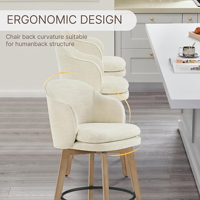 Counter Height Barstools 26 inch Upholstered Swivel Bar Stools with Back and Wood Legs for Kitchen Island,Set of 3,Linen Fabric