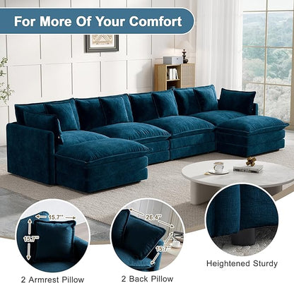 Modular Sectional Sofa, 146.5 Inch U-Shaped Cloud Sofa with Deep Seat Chenille Sofa with Cushions, Four Seater Sectional Sofa for Living Room Apartment,Blue