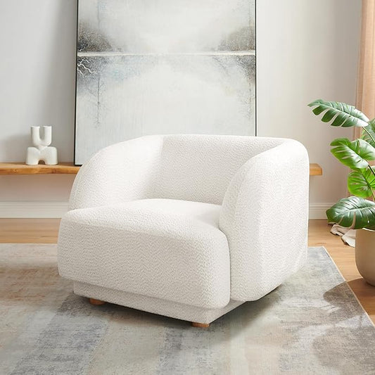 VANOMi Oversized Living Room Chair, Modern Comfy Accent Barrel Chairs, Single Sofa Chair with Wood Legs, Upholstered Armchair for Bedroom, Office, Waiting Room (White)