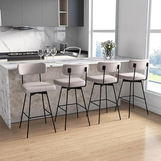 COSTWAY Bar Stools Set of 4, 29” Upholstered Bar Height Chairs with Back, 360° Swivel Bar Chairs with Heavy-Duty Metal Legs and Footrests, Fabric Seat for Kitchen Island, Dining Room, Bar (4, Beige)