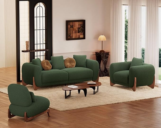 Morden Fort 3 Piece Cloud Couch Set, Modern Sherpa Boucle Sofa Set Skin-Friendly, Minimalist Upholstered Comfy Couches Sofas for Living Room, Armless Chair & Arm Chair & 3-Seater Sofa, Green