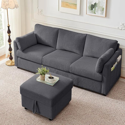 3 Seater Couches for Living Room, 79" Modern Corduroy Sofa with 2 Pillows and Storage Pockets, Small Couches for Apartment, Small Spaces, Home Office, Grey