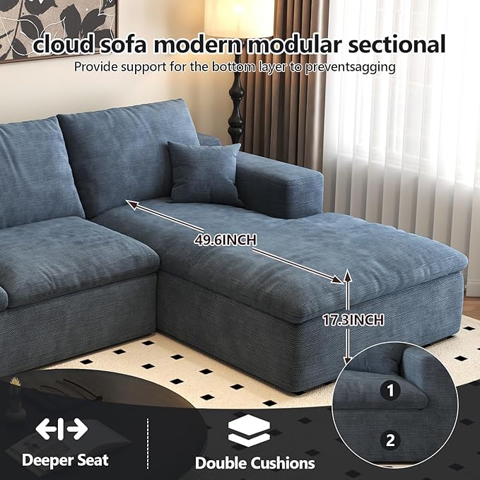 136.6'' L-Shaped Modern Modular Sectional Cloud Couch, 4-Seat Chenille Deep-Seat Sofa with Pillow for Living Room, Bedroom, Apartment, Ocean Blue