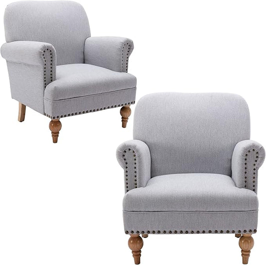 Modern Linen Accent Chairs Set of 2 Comfy Reading Chairs Upholstered Lounge Chair Single Sofa Couch for Bedroom/Living Room, Grey