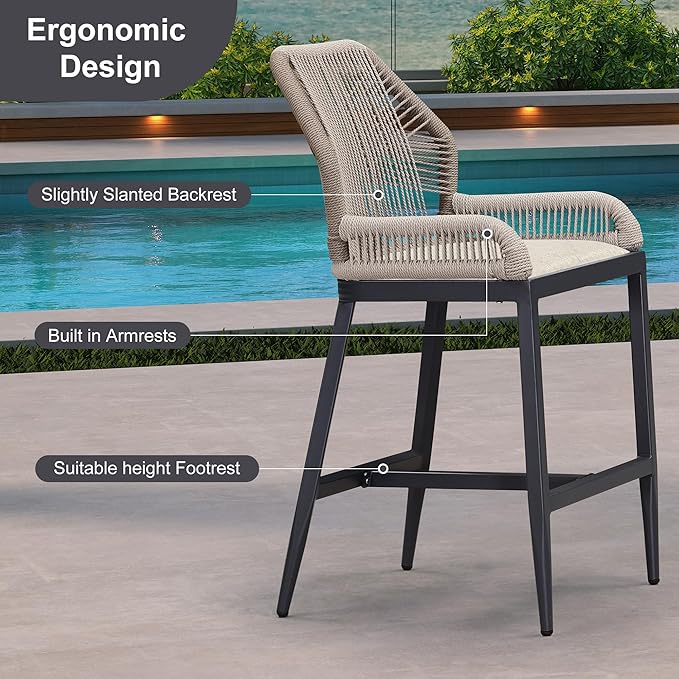 PURPLE LEAF 2 Pieces Counter Height Bar Stools Patio Boho Rattan Barstools Aluminum Woven Bar Chairs with Cushions for Outdoor Kitchen Island Garden