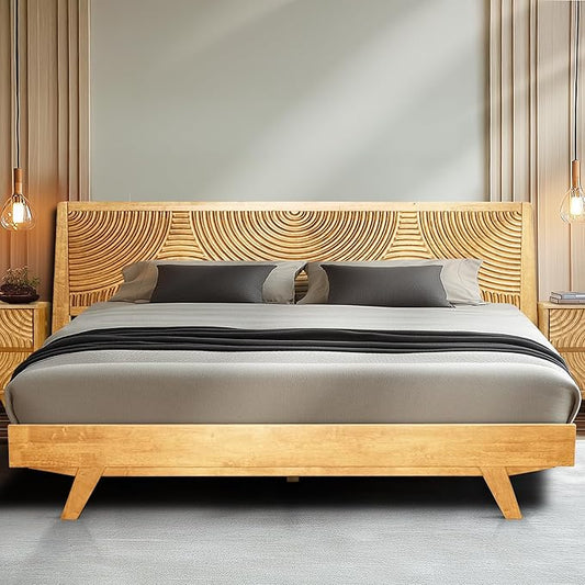 Acacia Harmony King Platform Bed Frame – Solid Rubber Wood, Natural Oak Finish, Mid-Century Style, Bold Circular Wood Pattern, 800lbs Capacity, No Box Spring Needed, Easy Assembly