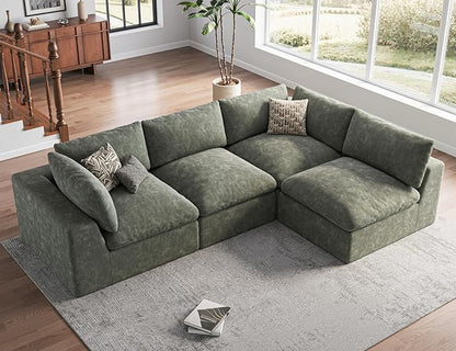 120" Cloud Sectional Couch | Oversize Boneless Couches for Living Room | 4 Seater Modern L-Shape Sofa | Green