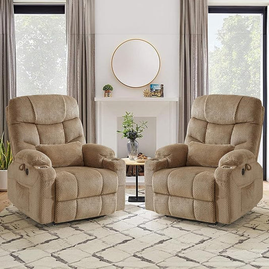 ABCASA Oversized Dual Motor Lay Flat Power Lift Recliner Chair Set of 2 for Elderly with Massage and Heat, Textile Large Recliner Chair, Lift Chairs Recliner with Lumbar Pillow, Cup Holder, Beige