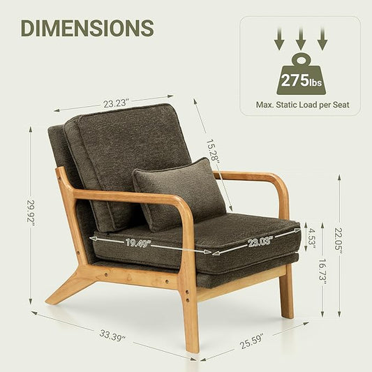 COLAMY Mid Century Modern Accent Chair with Lumbar Pillow, Relaxing Armchair with Solid Wood Frame & Soft Cushion, Reading Leisure Chair for Living Room,Bedroom,Waiting Room（Green）