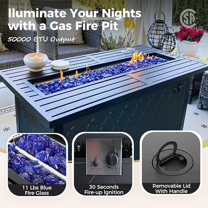 Patio Furniture Set with Firepit Table, 4 Pcs Metal Outdoor Conversation Set, 2 Rocking Chairs and 3 Seater Sofa with 5.75" Extra Thick Cushion and Gas Fire pit Table for Backyard Deck, Beige