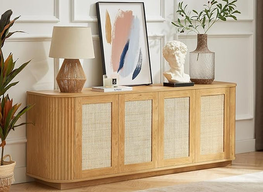 LKTART 64" Sideboard Buffet Cabinet with Storage, Wooden Fluted Storage Cabinet Sideboard with Adjustable Shelves Pressed Spring Rattan Doors for Kitchen Living Room (Natural)
