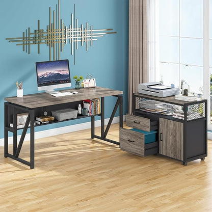 Tribesigns L Shaped Desk with Drawer Cabinet, 55" Executive Computer Desk and lateral File Cabinet, 2 Piece Home Office Furniture with Drawers for Hanging File, Doors with Locks (Gray, 55 inches)