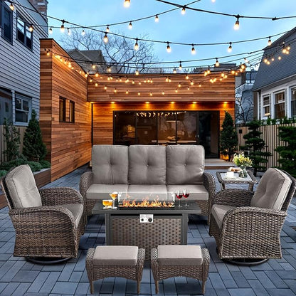 HUMMUH 7-Piece Patio Furniture Set with Fire Pit,Wicker Patio Sofa Set Outdoor Swivel Rocking Chairs with Ottomans for Backyard,Poolside,Deck
