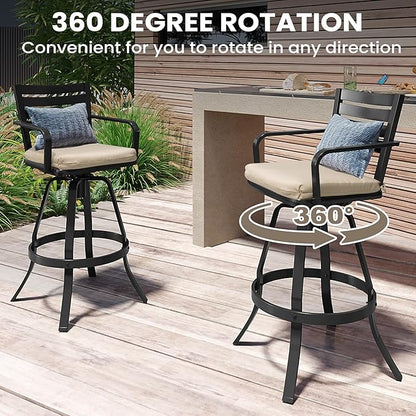 Pellebant Outdoor Bar Stools Set of 4 with Sunbrella Cushion, 29.5" Aluminum Swivel Bar Height Stool Chairs with Back & Footrest, Rust-Proof Patio Bartools for Deck Lawn Garden, Beige