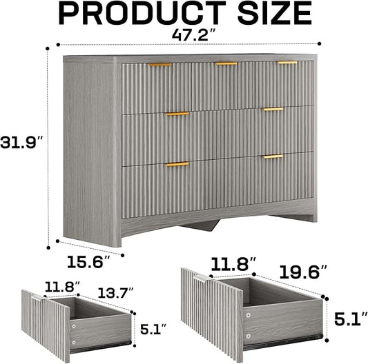 Marsail Fluted 7-Drawer Wide Wooden Dresser, Smooth Gliding Drawers & Large Capacity Storage Space, Modern Organizer Cabinet for Bedroom or Hallway, Light Grey