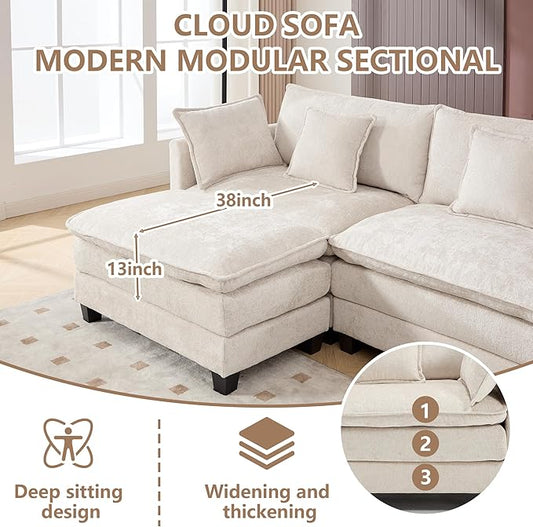 Plush Modular Cloud Sofa Set with Ottoman | L/U-Shaped Deep Seating Chenille Sectional for Family Living Room