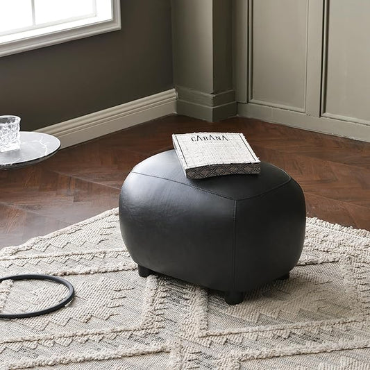KINWELL 23" Wide Faux Leather Upholstered Ottoman, Mid-Century Modern Living Room Footrest with Soft Padded Seat, Footstool for Bedroom, Entryway or Living Room, Black
