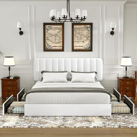 VECELO King Size Upholstered Bed Frame with 4 Drawers and Headboard, Velvet Platform Storage Bedframe, Wooden Slats Support, No Box Spring Needed,Snow-White
