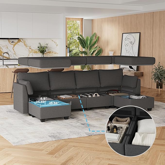 114.17" Modular Sectional Sofa, 6 Seat Sectional Couches with Storage, Memory Foam, Convertible Modular Couch for Living Room, U Shaped Comfy Modular Sofa with Chaise, Dark Grey