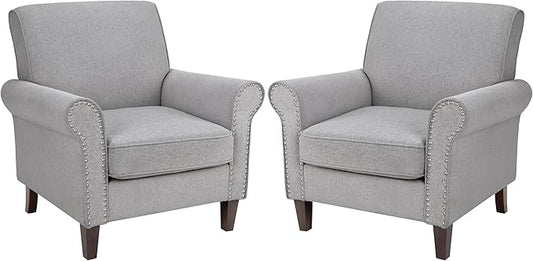 PrimeZone Comfy Accent Chair Set of 2, Mid-Century Modern Fabric Living Room Chair Reading Chair with Soft Cushion, Nailhead Trim & Rolled Armrest, Arm Chair Sofa Chair for Bedroom Waiting Room,Grey