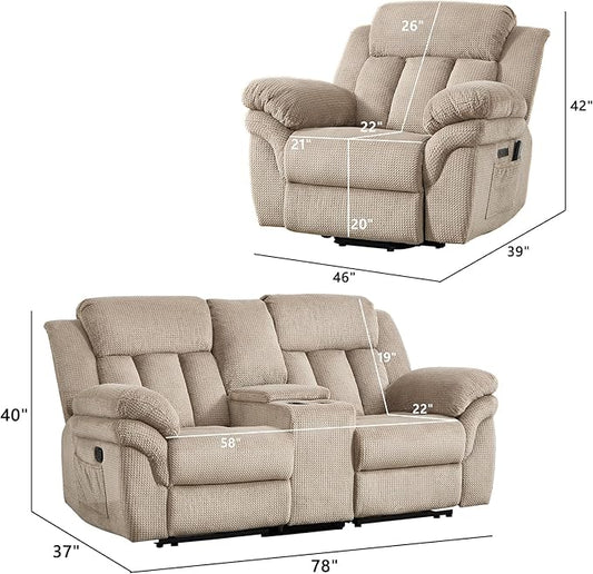CANMOV Recliner Sofa Set, Oversize Power Lift Recliner Chair and Manual Loveseat with Overstuffed Armrest for Living Room,Bedroom Furniture,Office,1+2 Seat Light Brown