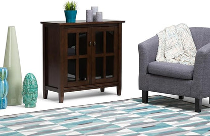 SIMPLIHOME Warm Shaker SOLID WOOD 32 inch Wide Transitional Low Storage Cabinet in Tobacco Brown for the Living Room, Entryway and Family Room