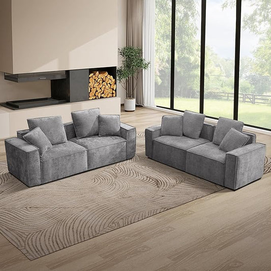 WILLOVE Modular Sectional Sofa Set, Chenille Cloud Couch with Wide Armrests & 8 Pillows, Deep Seat Couches for Living Room, 4-Seater Grey