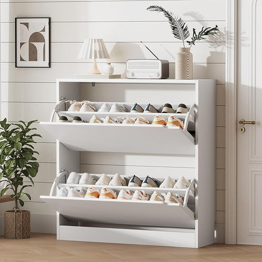 Shoe Storage Cabinet for Entryway with 2 Flip Drawers, Wood Freestanding Hidden Shoe Storage, Narrow Slim Sturdy Shoe Organizer for Front Door Entrance, Living Room, Hallway, Bedroom, White