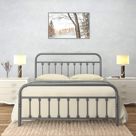 Golden Gate Beds Vintage Style Metal Bed Frame with Wrought Iron Headboard and Footboard, Classic Platform Bedframe Storage, No Box Spring Needed, Mattress Foundation, Silver, Queen Size