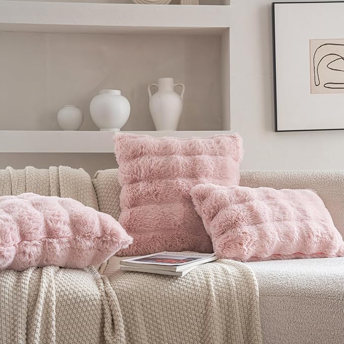 Neelvin Pink Faux Fur Cozy Soft Double-Sided Decorative Throw Pillow Covers 18x18 inch Set of 2,Velvet Pillowcase Cushion Case for Sofa Couch