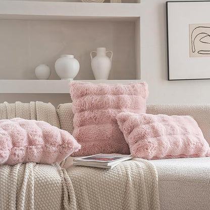 Neelvin Pink Faux Fur Cozy Soft Double-Sided Decorative Throw Pillow Covers 22x22 inch Set of 2,Velvet Pillowcase Cushion Case for Sofa Couch