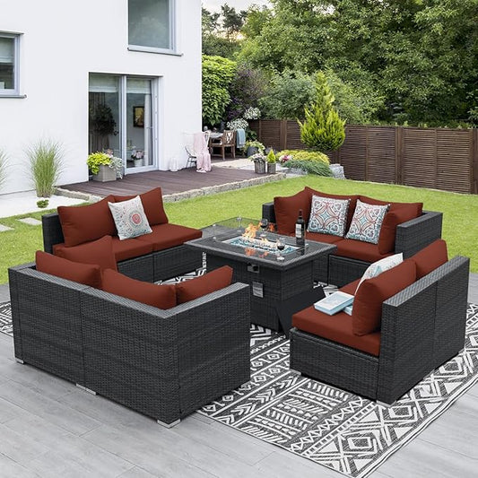 NICESOUL 9 Piece Large Patio Furniture Set with Fire Pit Table Propane/Natural Gas, 29.3'' High Back Wicker Outdoor Sectional Sofas, Wide Conversations for Heavy Weight, 2 Color Cushions Wine & Gray
