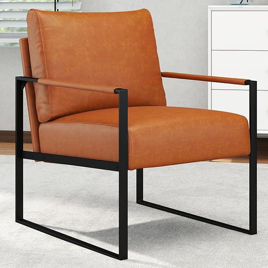 CANMOV Mid Century Modern Accent Chair, PU Leather Armchair with Metal Frame,Comfy Single Reading Chair with Soft Padded Backrest and Cushion for Living Room, Bedroom,Reading Room,Office,Brown