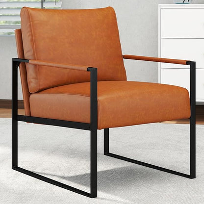 CANMOV Modern Accent Chair Set of 2, PU Leather Armchair with Metal Frame,Comfy Single Reading Chair with Soft Padded Backrest and Cushion for Living Room, Bedroom,Reading Room,Office,Brown