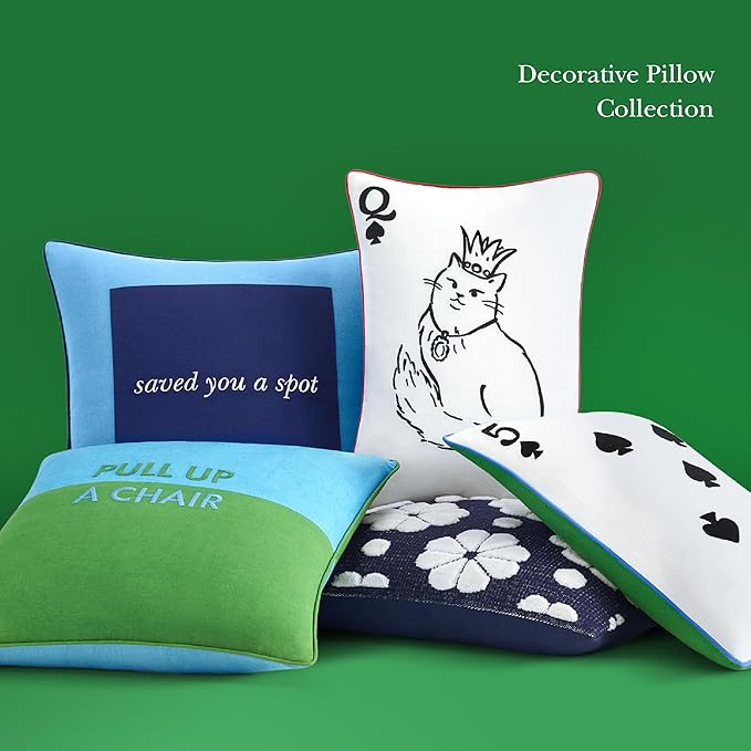 Kate Spade New York Saved You A Spot Reversible Decorative Pillow, 20" x 20" Throw Pillow for Bed or Sofa, Cotton and Linen Cover, Blue, 20 x 20