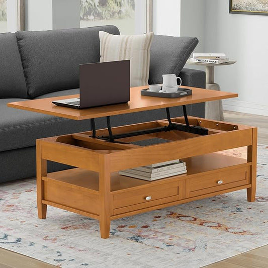 SIMPLIHOME Warm Shaker Lift Top Coffee Table - 48 inch Wide Solid Wood Cocktail Table in Light Golden Brown, Transitional Living Room Table with Hidden Storage, 2 Drawers, and Open Shelf