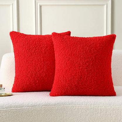 FUTEI Christmas Red Throw Pillow Covers 16x16 Inch Set of 2,Furry Faux Fur Teddy Boucle Textured Cushion Covers,Soft Fluffy Decorative Pillow Case,Home Decor for Couch Bed Living Room Office Car