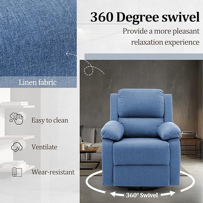 Recliner Chair, 360 Swivel Rocker Chair for Adults, Small Rocking Recliner Chair for Small Spaces, Upholstered Fabric Glider Recliner Nursery Chair with Side Pockets for Living Room, Nursery